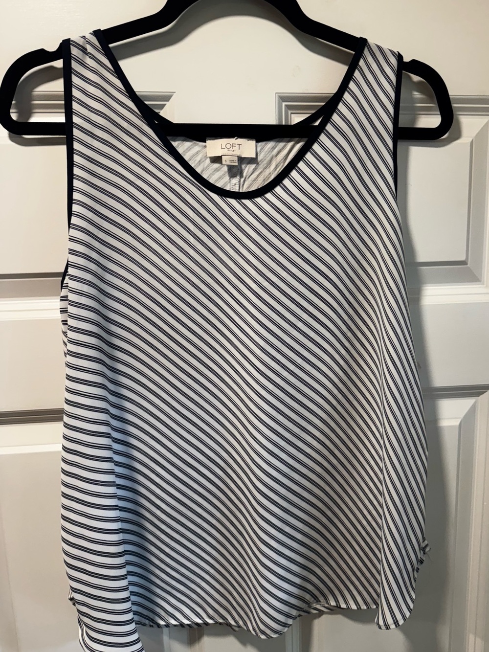 LOFT Navy Trim White Mixed Media Tank with Diagonal Navy Stripes